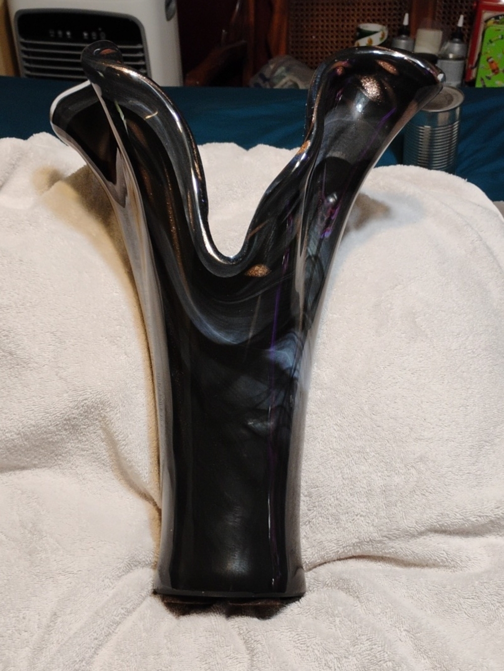 Art glass Vase. Hand Blown. Black With Metal Copper Accents.